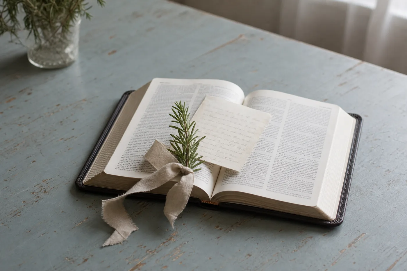 An open Bible with a prayer card and rosemary on a blue table